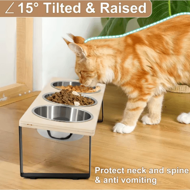 Elevated Cat Bowls Feeder With 15 Tilt 3 Stainless Steel Bowls 6