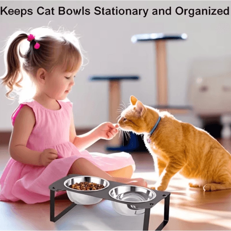 15 Tilted Elevated Cat Feeder With Double Stainless Steel Cat Bowls Cute Metal Stand 3
