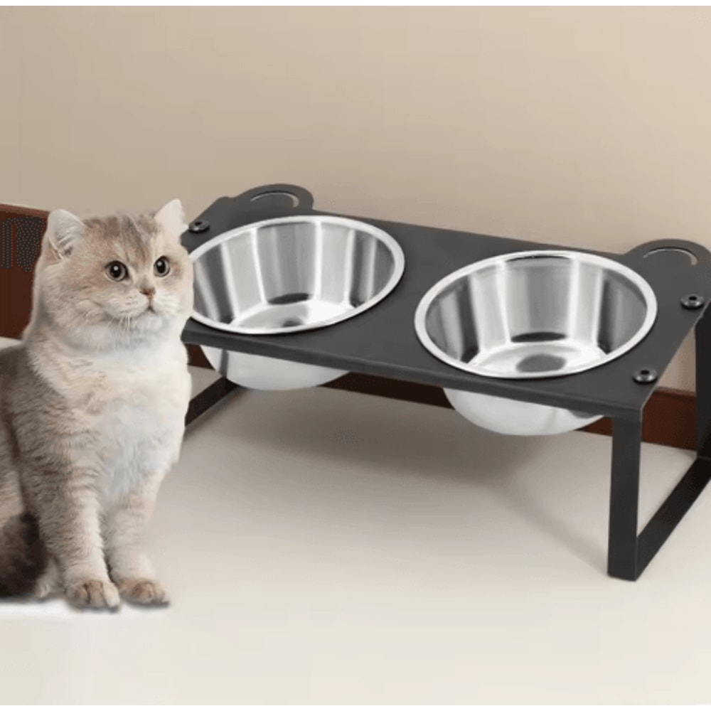 15 Tilted Elevated Cat Feeder With Double Stainless Steel Cat Bowls Cute Metal Stand 0
