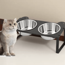 15° tilted elevated cat feeder with double stainless steel cat bowls & cute metal stand