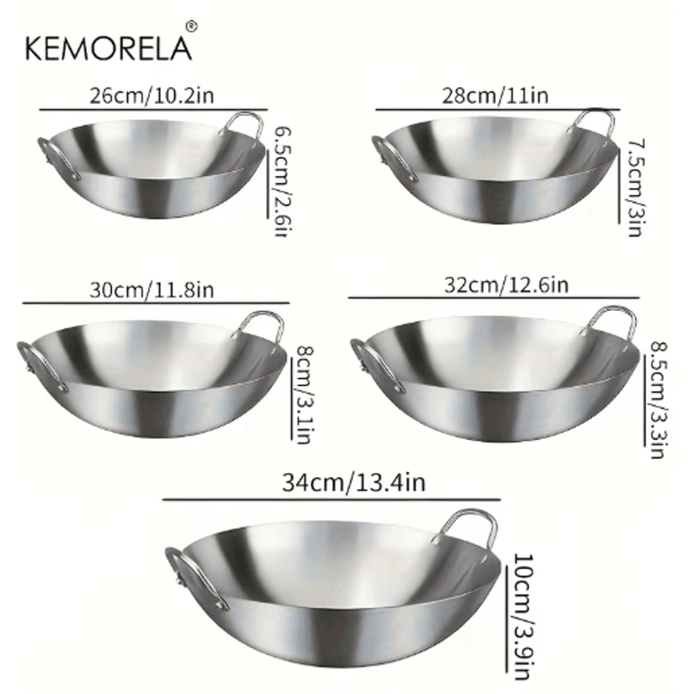KEMORELA Premium Stainless Steel Wok Uncoated DoubleHandle Chef Pan For HighHeat StirFry 6
