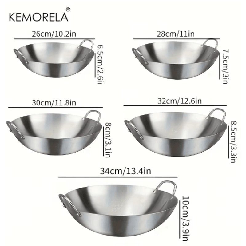 KEMORELA Premium Stainless Steel Wok Uncoated DoubleHandle Chef Pan For HighHeat StirFry 6