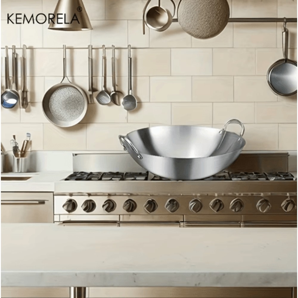 KEMORELA Premium Stainless Steel Wok Uncoated DoubleHandle Chef Pan For HighHeat StirFry 8