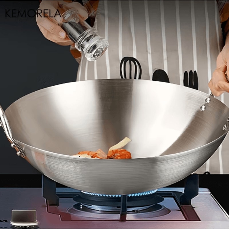 KEMORELA Premium Stainless Steel Wok Uncoated DoubleHandle Chef Pan For HighHeat StirFry 9