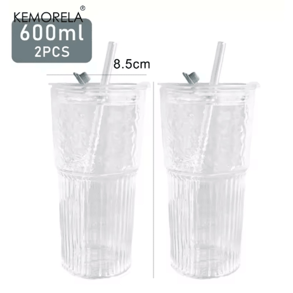 600ML Stripe Glass Cup With Lid Straw Transparent Glass Drinking Mug For Iced Coffee Juice Water 1
