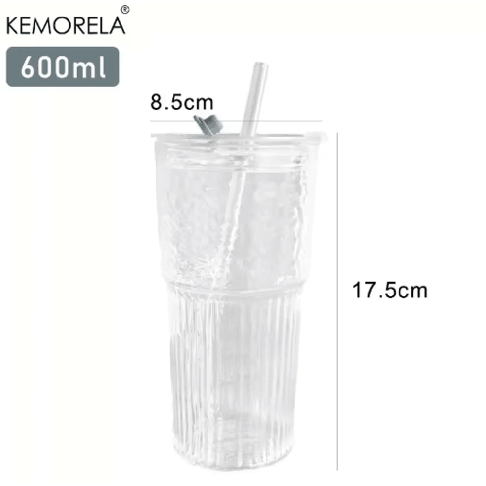 600ML Stripe Glass Cup With Lid Straw Transparent Glass Drinking Mug For Iced Coffee Juice Water 2