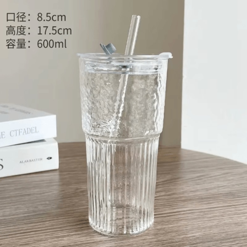 600ML Stripe Glass Cup With Lid Straw Transparent Glass Drinking Mug For Iced Coffee Juice Water 3