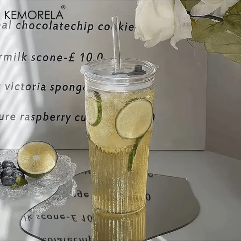 600ML Stripe Glass Cup With Lid Straw Transparent Glass Drinking Mug For Iced Coffee Juice Water 6
