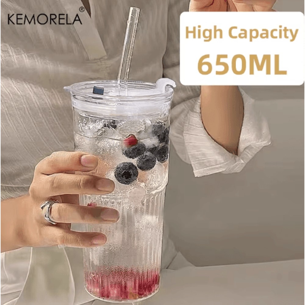 600ML Stripe Glass Cup With Lid Straw Transparent Glass Drinking Mug For Iced Coffee Juice Water 7