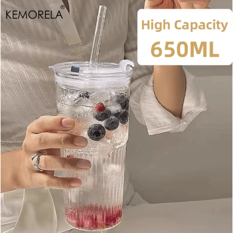 600ML Stripe Glass Cup With Lid Straw Transparent Glass Drinking Mug For Iced Coffee Juice Water 7