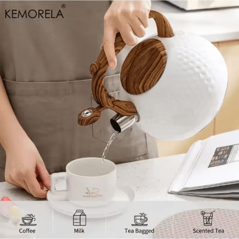 KEMORELA 3L Stainless Steel Whistling Kettle HeatResistant Hammered Teapot With Wooden Handle 6