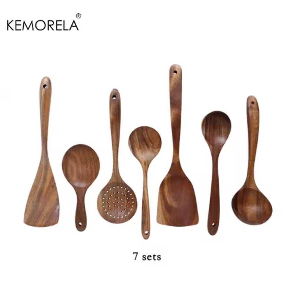 Teak Wooden Utensils Set With Holder 479Piece Wooden Spoons For Cooking 1