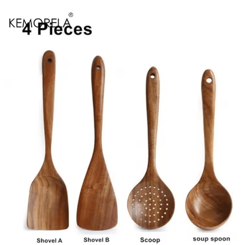 Teak Wooden Utensils Set With Holder 479Piece Wooden Spoons For Cooking 3
