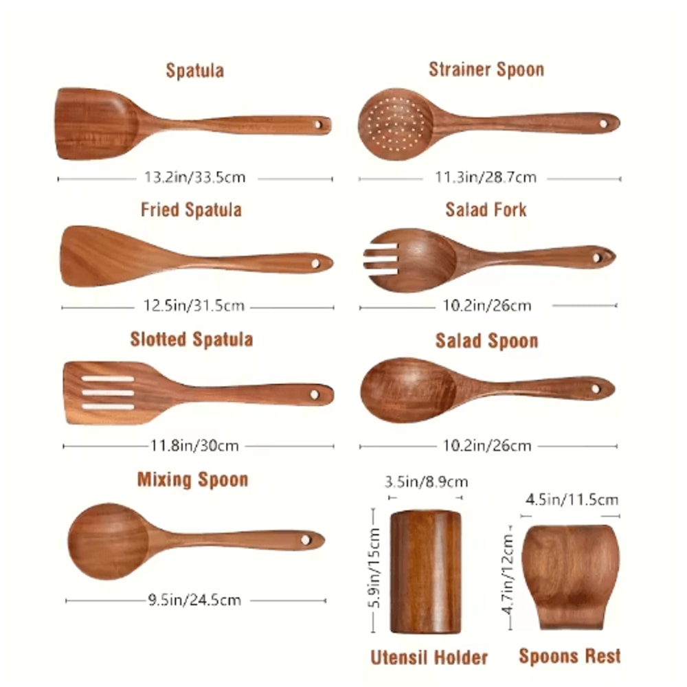 Teak Wooden Utensils Set With Holder 479Piece Wooden Spoons For Cooking 4