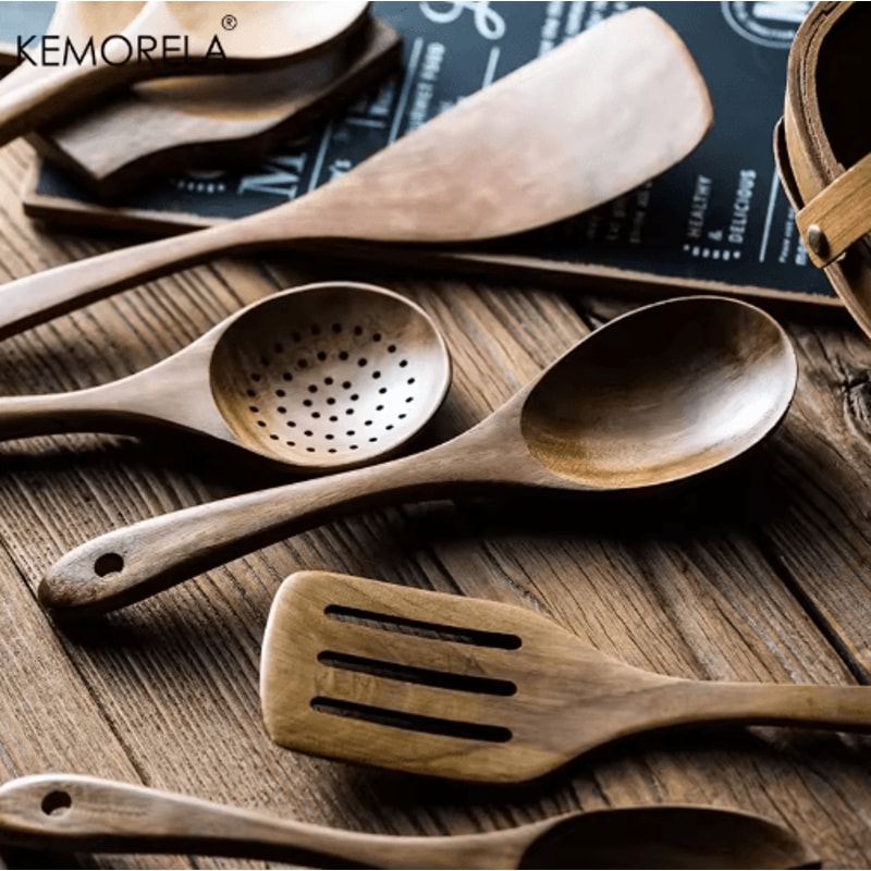 Teak Wooden Utensils Set With Holder 479Piece Wooden Spoons For Cooking 5