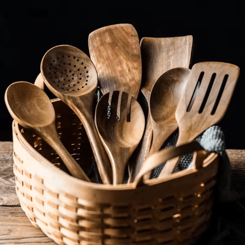 Teak Wooden Utensils Set With Holder 479Piece Wooden Spoons For Cooking 7