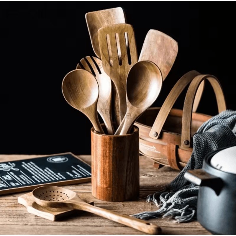 Teak Wooden Utensils Set With Holder 479Piece Wooden Spoons For Cooking 8