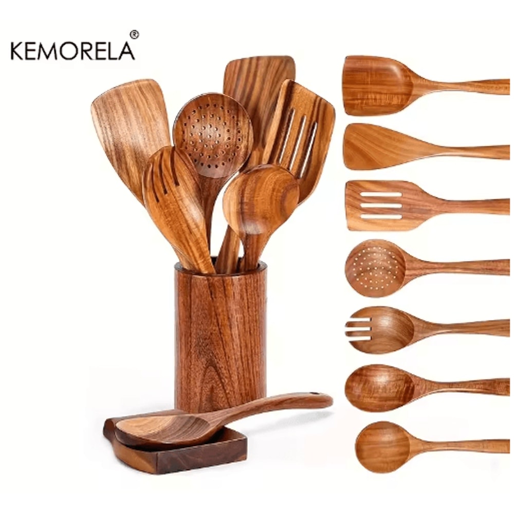 Teak Wooden Utensils Set With Holder 479Piece Wooden Spoons For Cooking 0