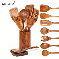 teak wooden utensils set with holder 4/7/9-piece wooden spoons for cooking