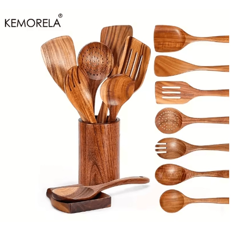Teak Wooden Utensils Set With Holder 479Piece Wooden Spoons For Cooking 0