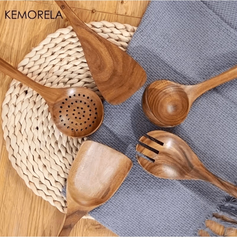 Thailand Teak Wooden Cooking Utensils Set 5Piece Natural Wooden Kitchen Tools 3