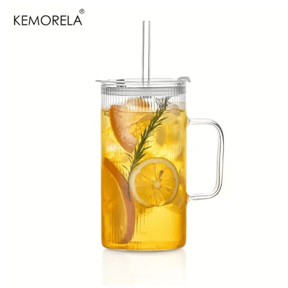 KEMORELA 740ML Ribbed Glass Tumbler With Handle Lid And Reusable Straw Clear Large Drinkware 1 To2 2