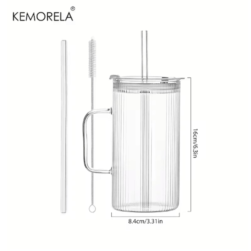 KEMORELA 740ML Ribbed Glass Tumbler With Handle Lid And Reusable Straw Clear Large Drinkware 1 To2 3