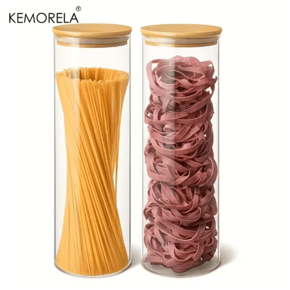 Airtight Glass Pasta Storage Jars With Bamboo Lids Reusable Round Containers 12 PCS 1