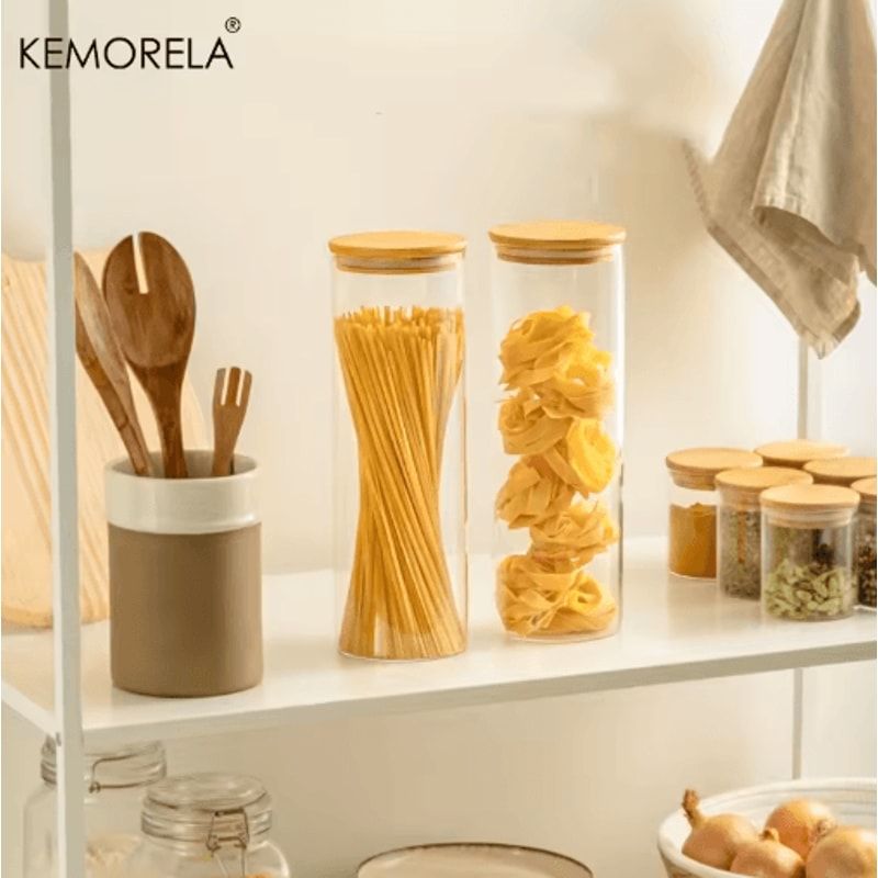 Airtight Glass Pasta Storage Jars With Bamboo Lids Reusable Round Containers 12 PCS 0