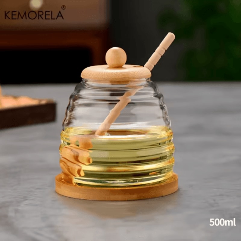 Glass Honeycomb Honey Storage Jar With Dipper Lid Decorative Honey Bottle For Kitchen Parties 3
