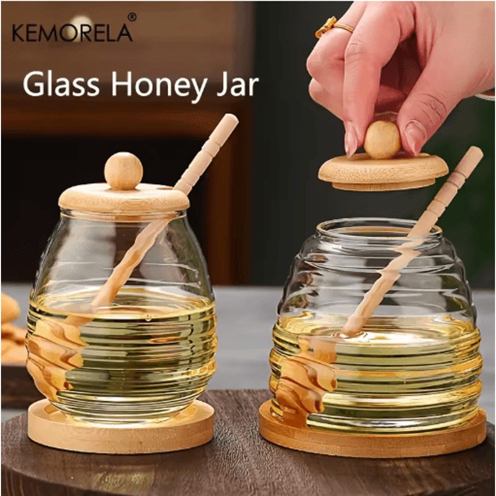 Glass Honeycomb Honey Storage Jar With Dipper Lid Decorative Honey Bottle For Kitchen Parties 0