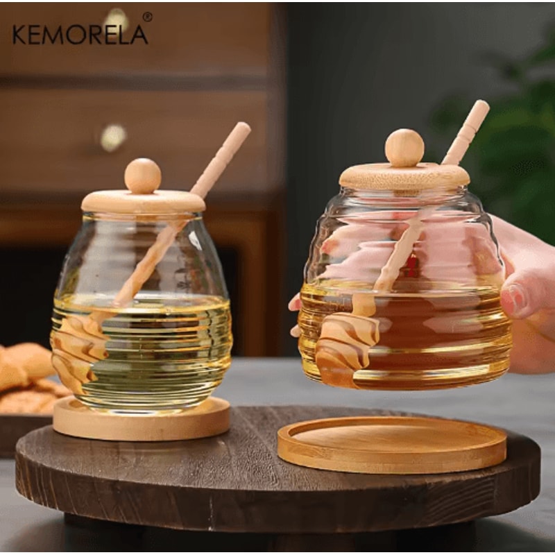 Glass Honeycomb Honey Storage Jar With Dipper Lid Decorative Honey Bottle For Kitchen Parties 8