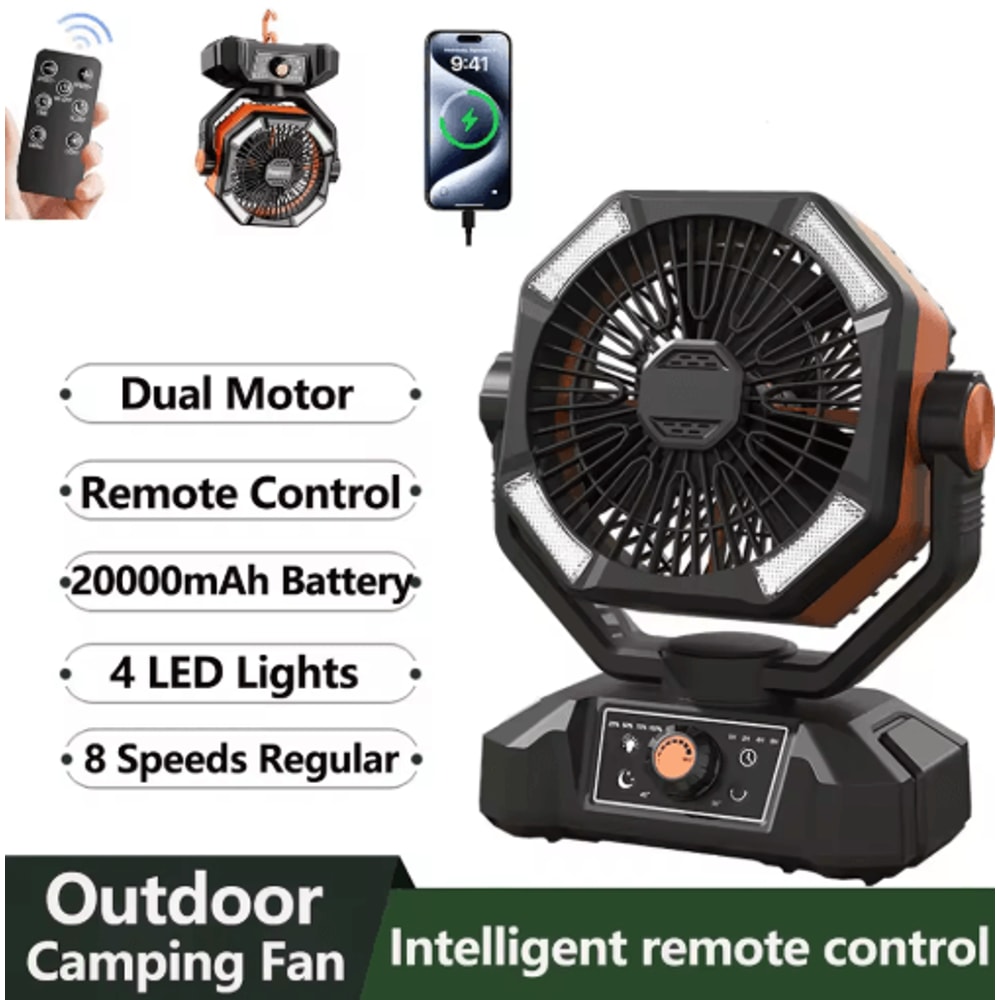 20000mAh Rechargeable Camping Fan With LED Lantern 8Speed Control 0
