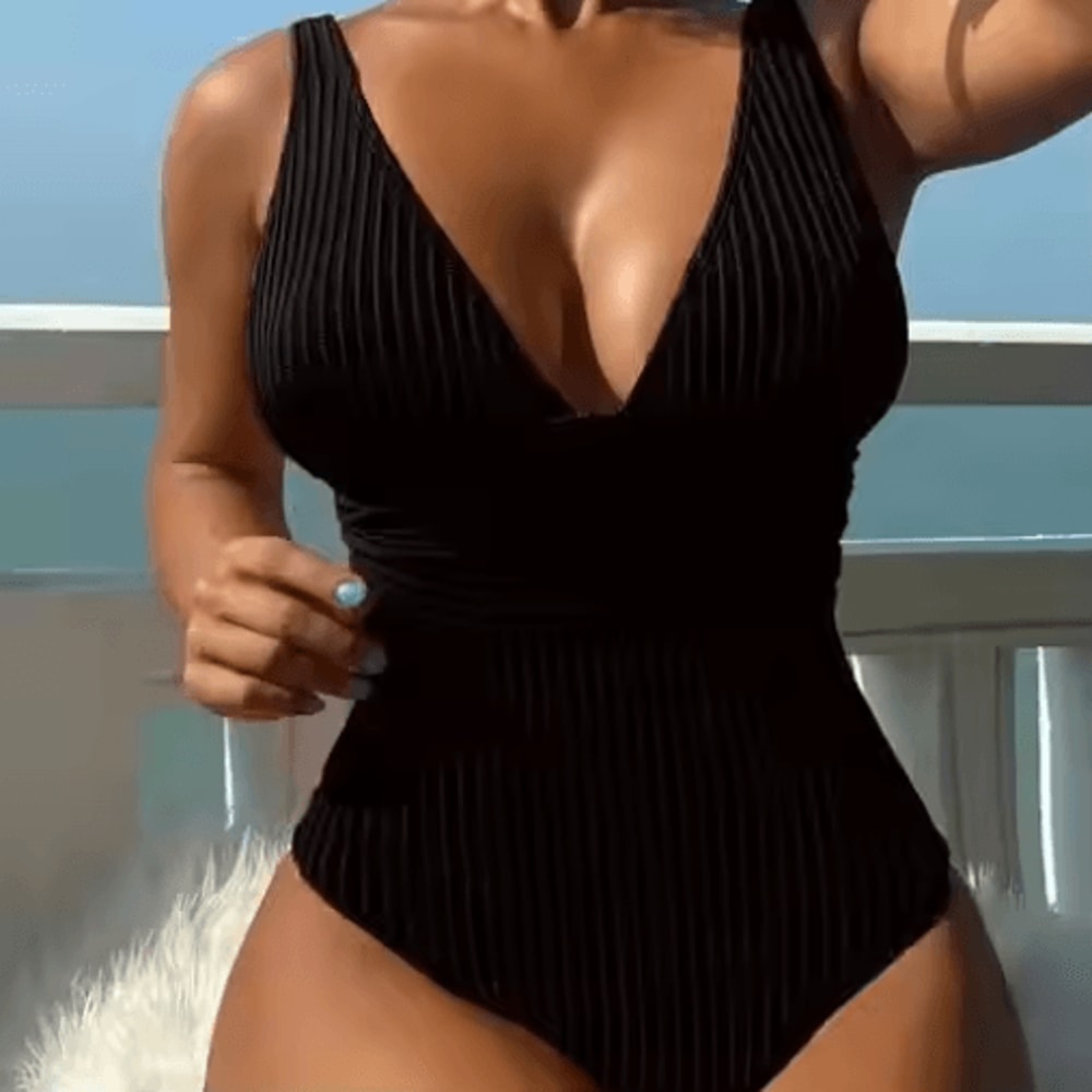 Contrast Mesh OnePiece Swimsuit With VNeck HighCut Design 2
