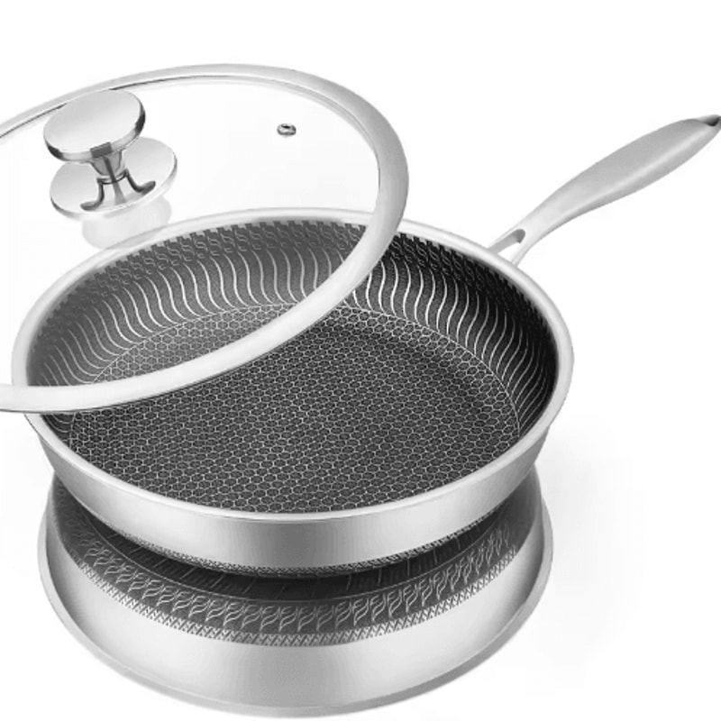 LMETJMA Stainless Steel Honeycomb Nonstick Frying Pan With Lid 10