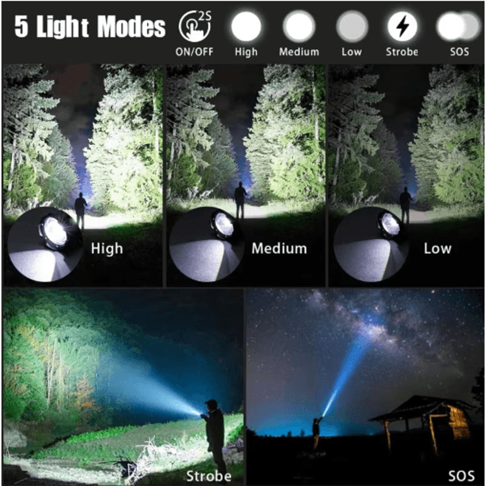 HighPower Rechargeable LED Tactical Flashlight Aluminum Zoom Torch For Outdoor Camping 8