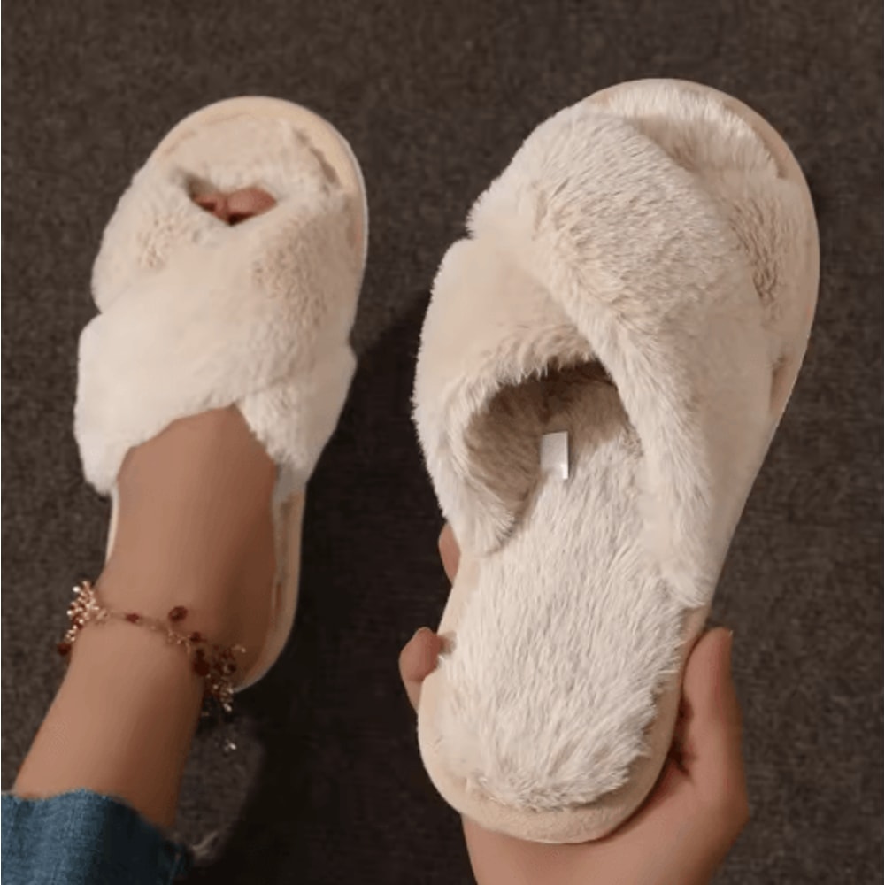 Womens CrossStrap Faux Fur Slippers Warm Plush Indoor Slides For Home Comfort 1