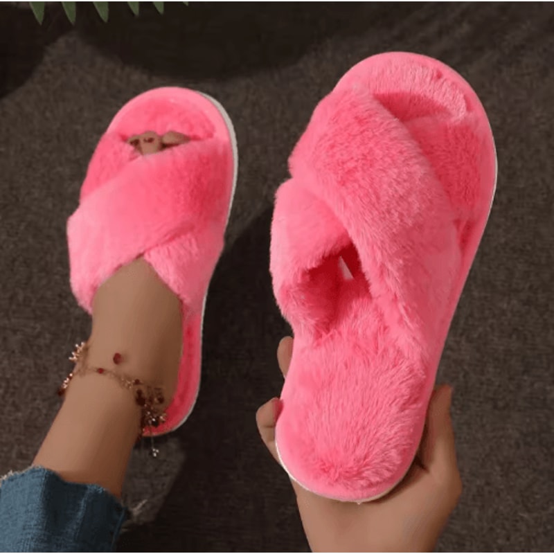 Womens CrossStrap Faux Fur Slippers Warm Plush Indoor Slides For Home Comfort 2