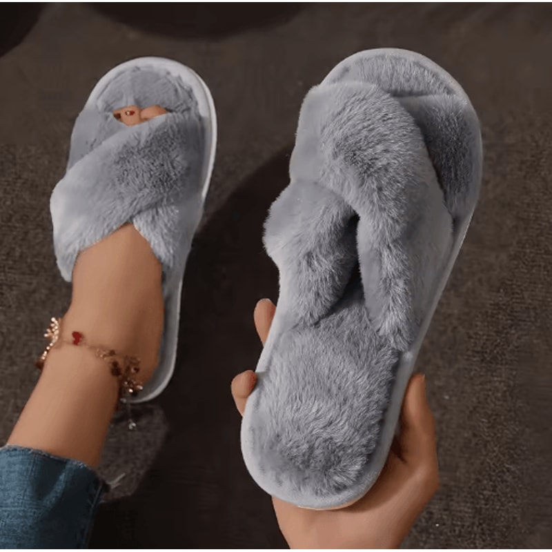 Womens CrossStrap Faux Fur Slippers Warm Plush Indoor Slides For Home Comfort 4