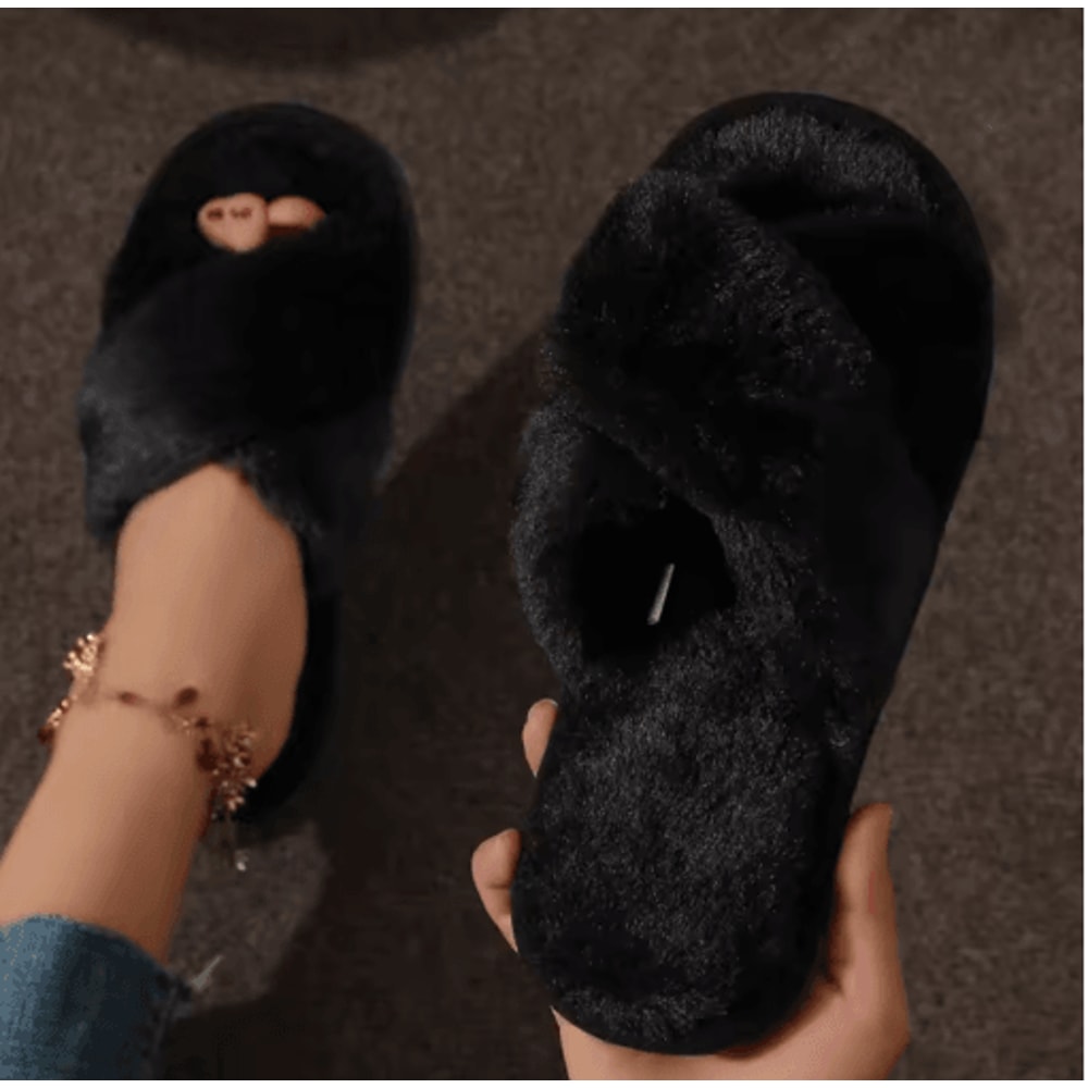 Womens CrossStrap Faux Fur Slippers Warm Plush Indoor Slides For Home Comfort 6