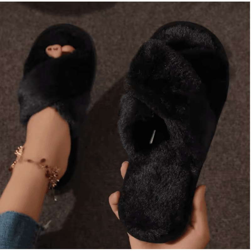 Womens CrossStrap Faux Fur Slippers Warm Plush Indoor Slides For Home Comfort 6
