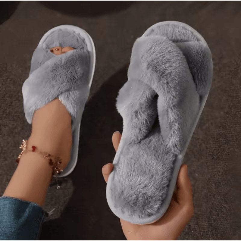 Womens CrossStrap Faux Fur Slippers Warm Plush Indoor Slides For Home Comfort 9