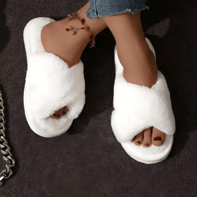 Womens CrossStrap Faux Fur Slippers Warm Plush Indoor Slides For Home Comfort 0