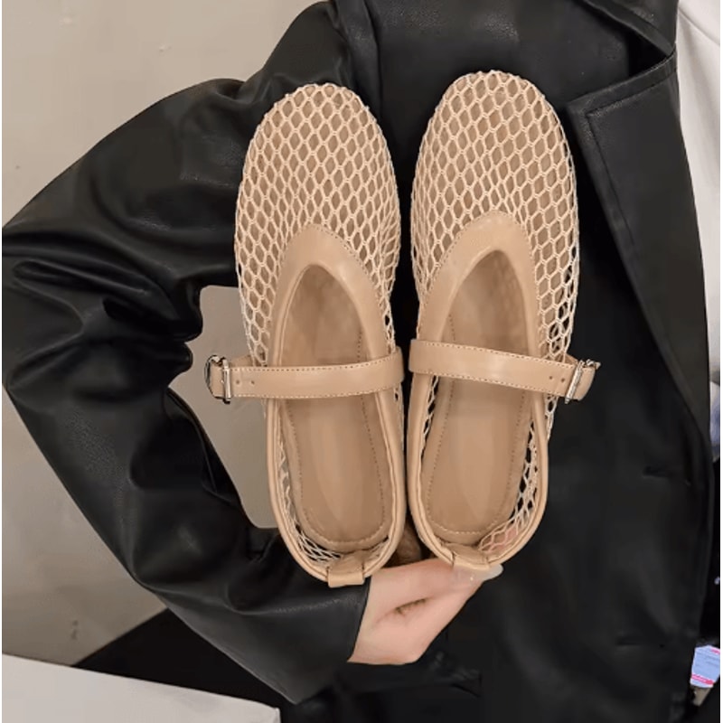 Womens CutOut Mary Jane Flats Round Toe Fishnet Shoes With Buckle For Summer Comfort 5