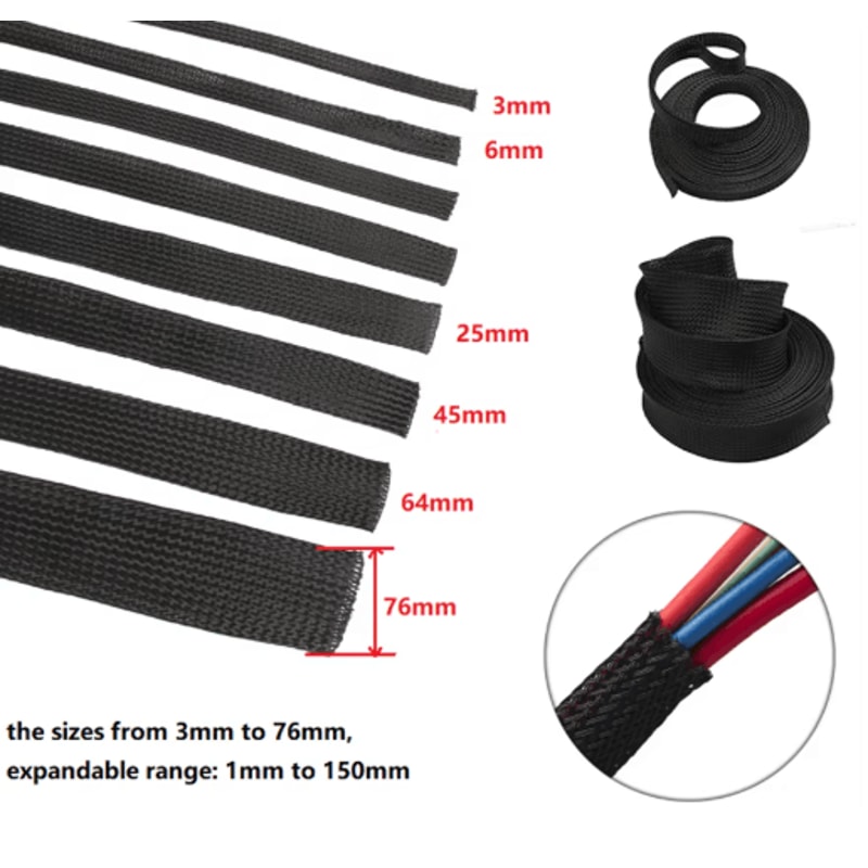 Black PET Braided Cable Sleeving Expandable Wire Protection Sleeve 4 To 25mm 1 Yo 50m 0