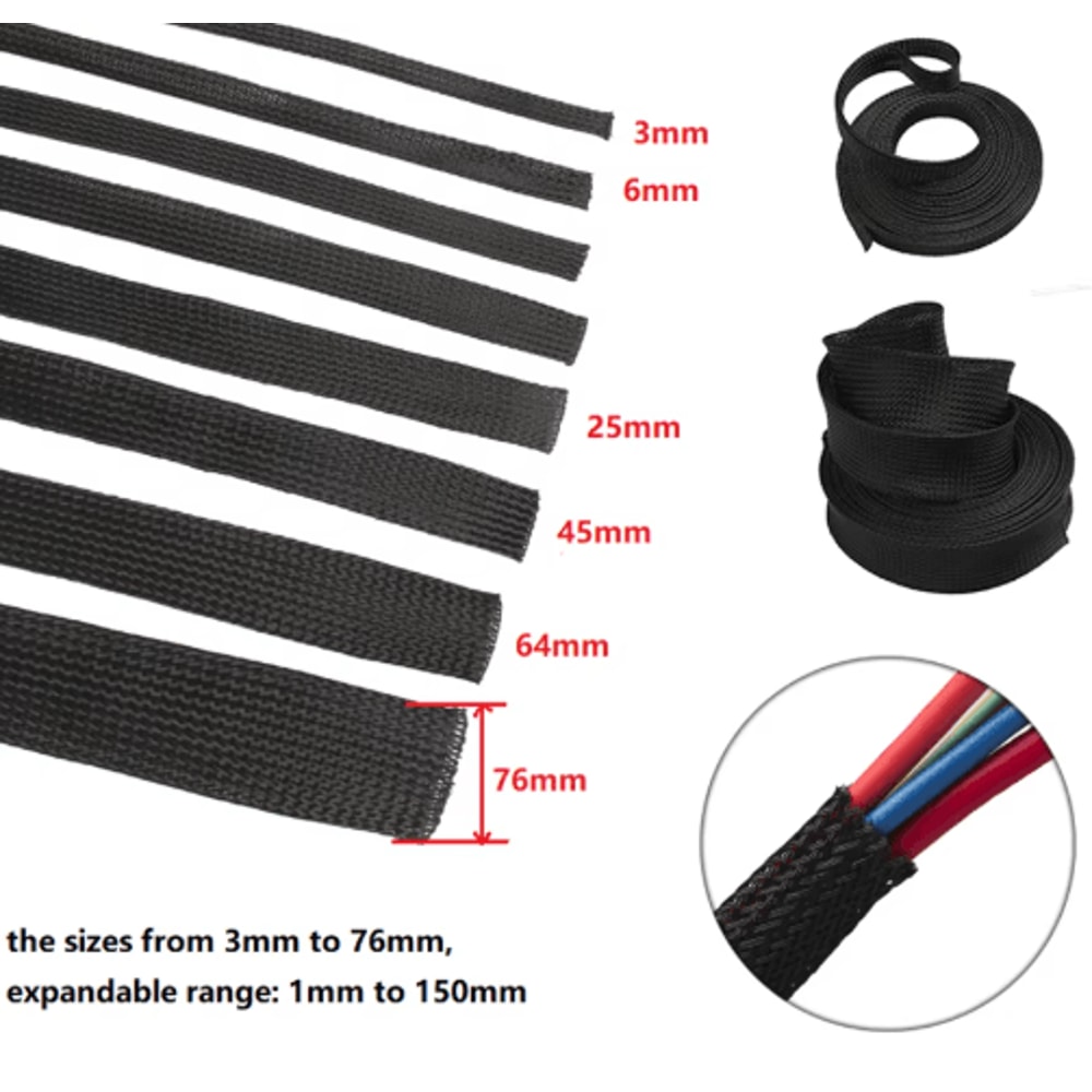 Black PET Braided Cable Sleeve FlameRetardant Wire Protection Tubing 1100M 1