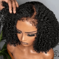 short bob 4c kinky curly human hair lace front wig with transparent 4by4 closure