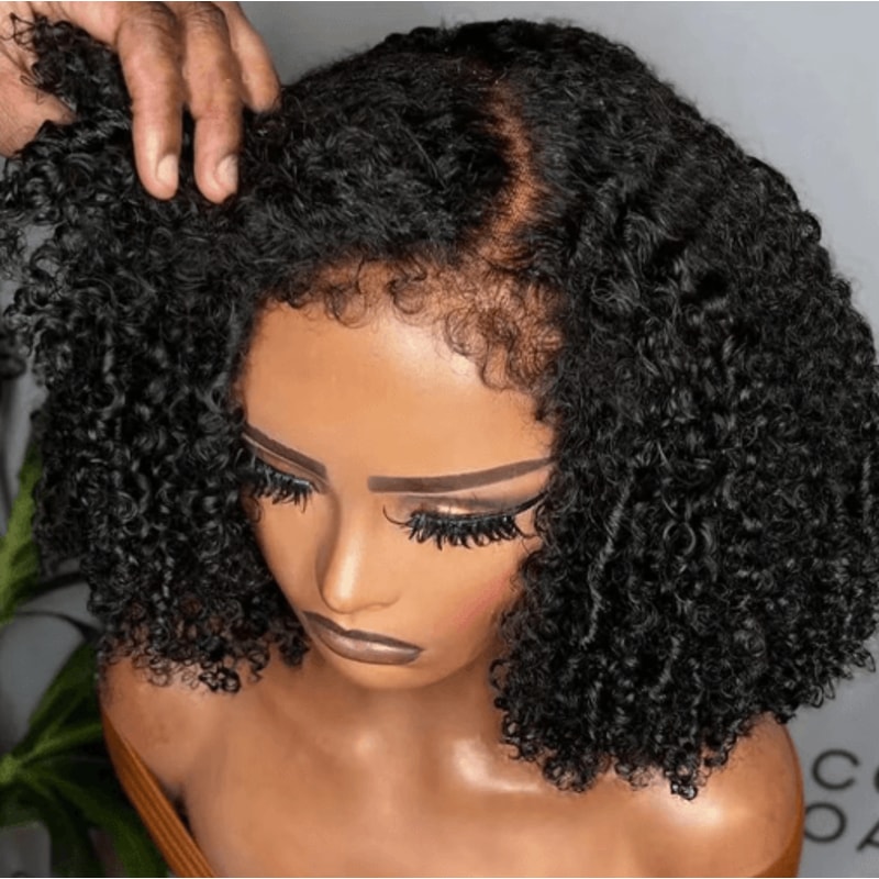 Short Bob 4C Kinky Curly Human Hair Lace Front Wig With Transparent 4by4 Closure 0