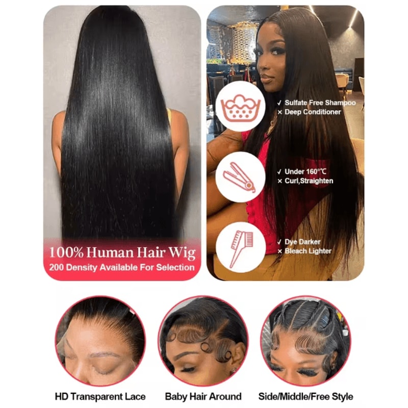 100 Human Hair Bone Straight 13x6 HD Lace Front Wig 5x5 Glueless 40 Inch 13x4 Lace Frontal Wigs Bla 0