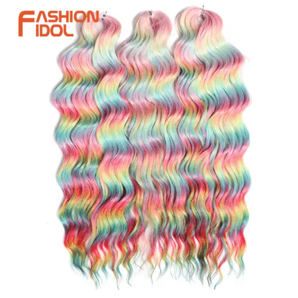 FASHION IDOL 24Inch Ombre Rainbow Water Wave Crochet Hair Synthetic Deep Wave Braiding Extensions 20